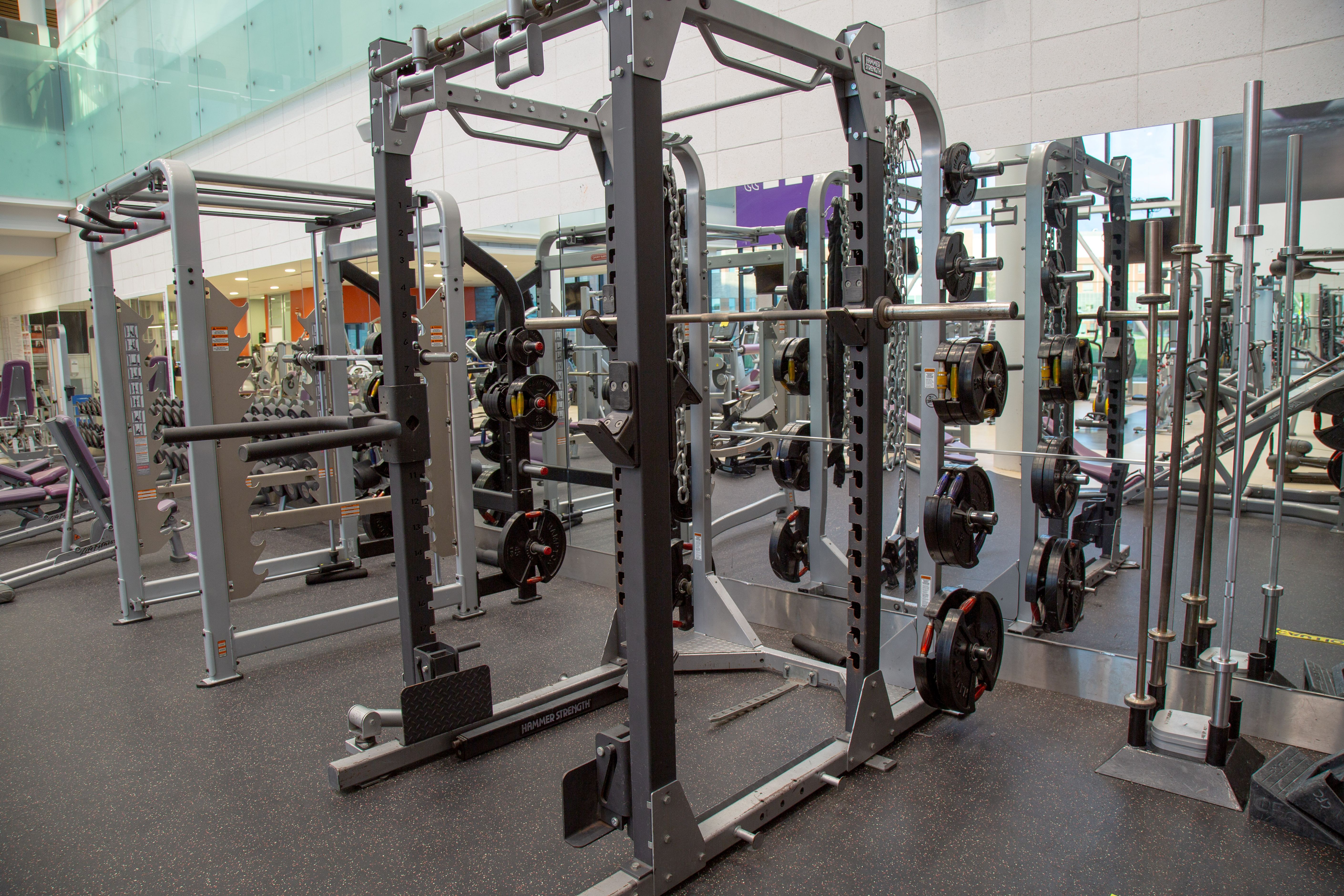 Modern gym interior featuring a large multi-functional weightlifting rack with various plates and bars organized around it.