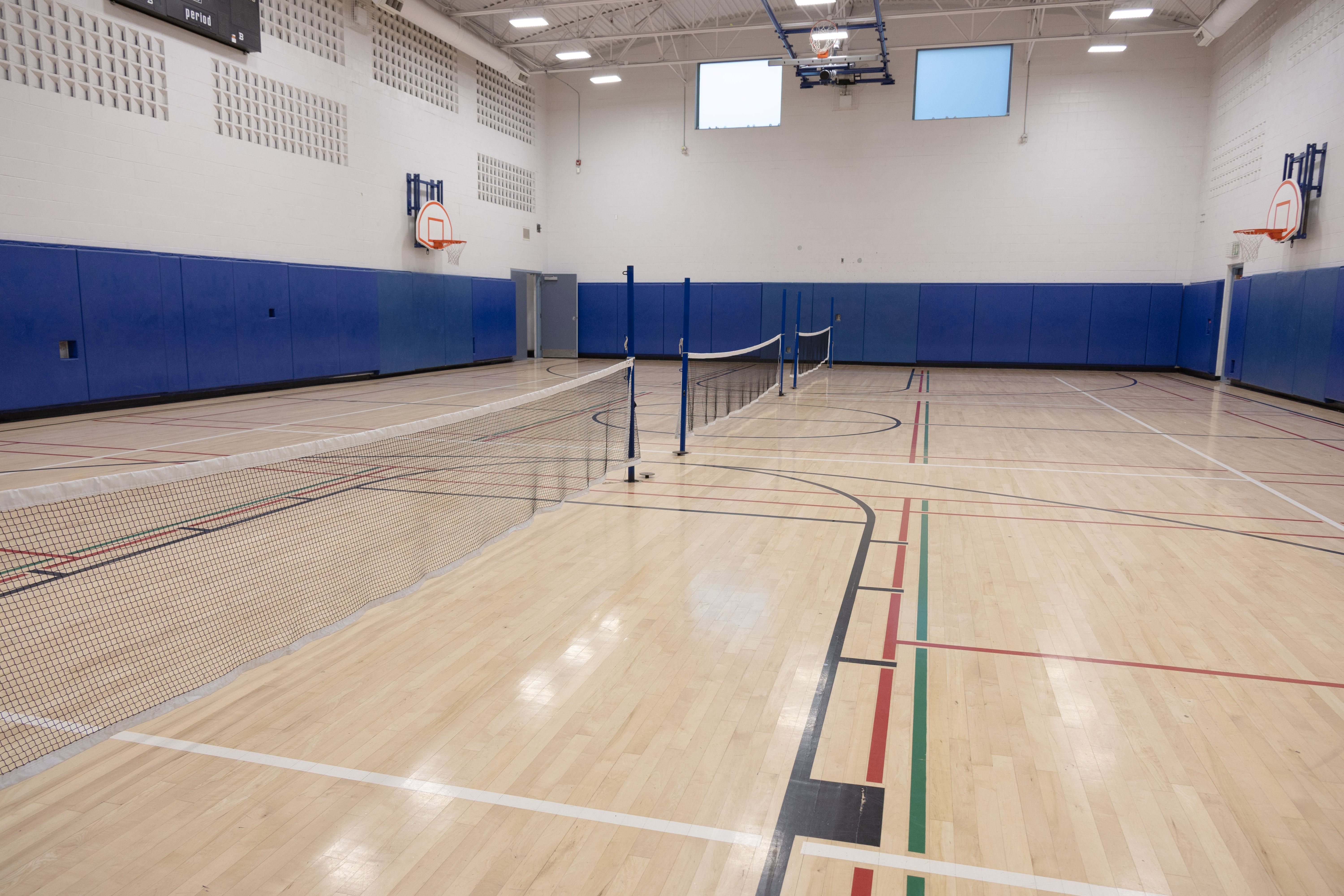 Empty indoor gymnasium with polished wooden floor, blue padded walls, basketball hoops, and badminton nets set up in the center.