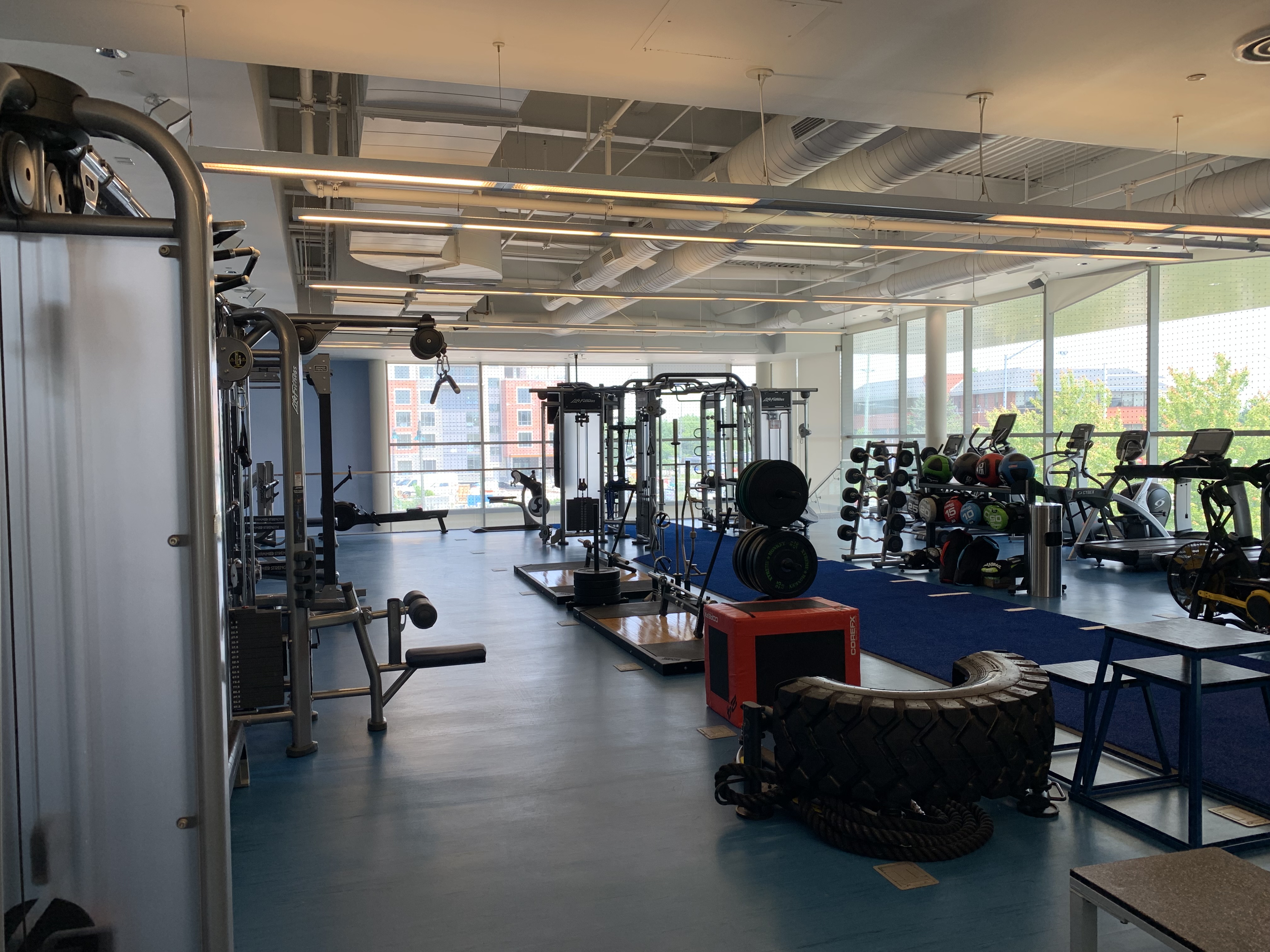 Gym interior with carpet, cable machines and boxes.