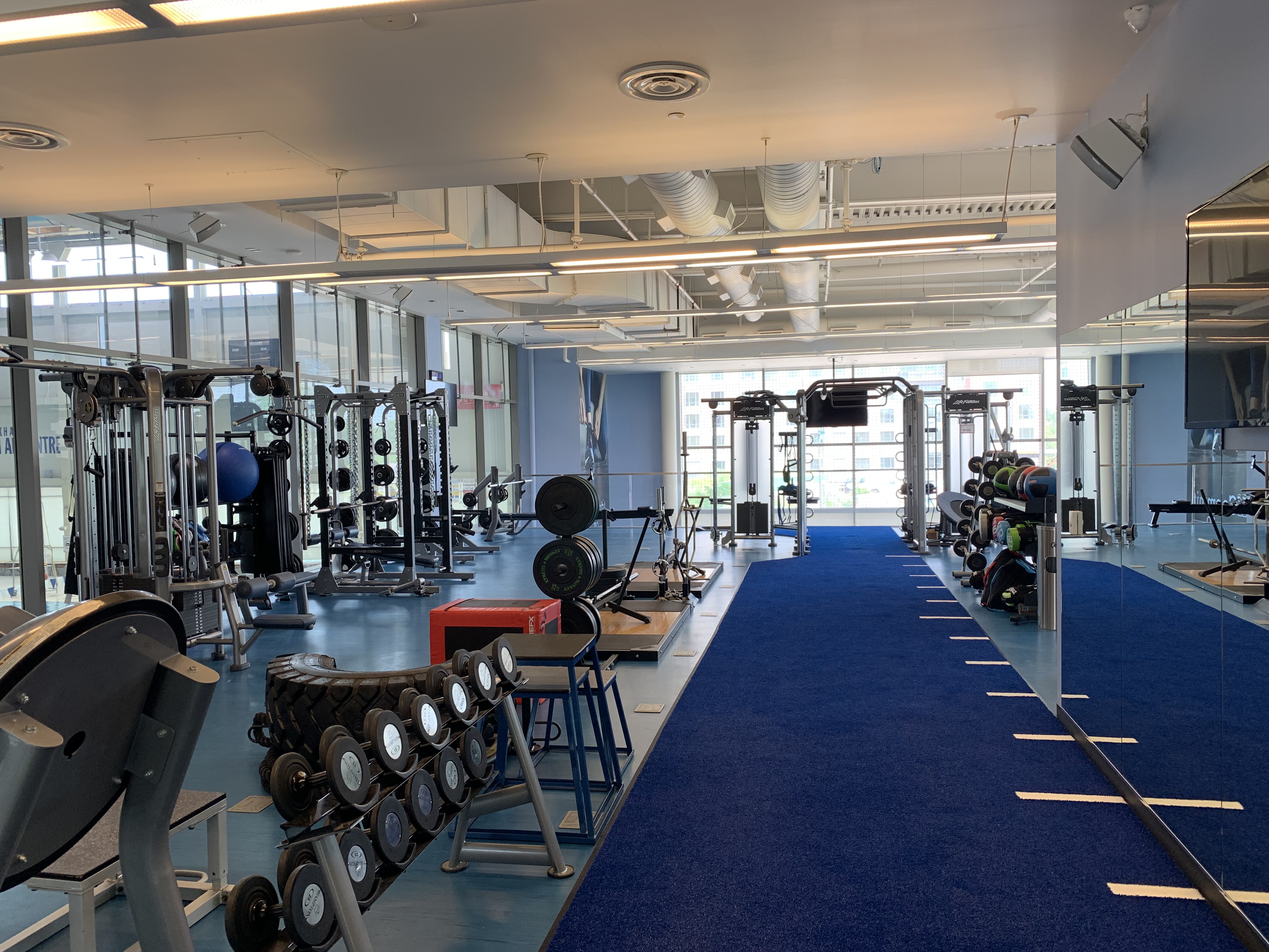 Carpeted area of gym for sled pushes next to a full body mirror