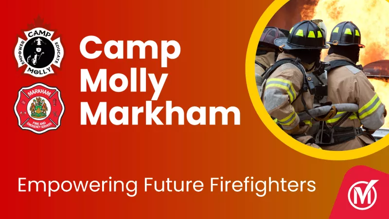 Firefighters on the right, text reads "Camp Molly Markham"