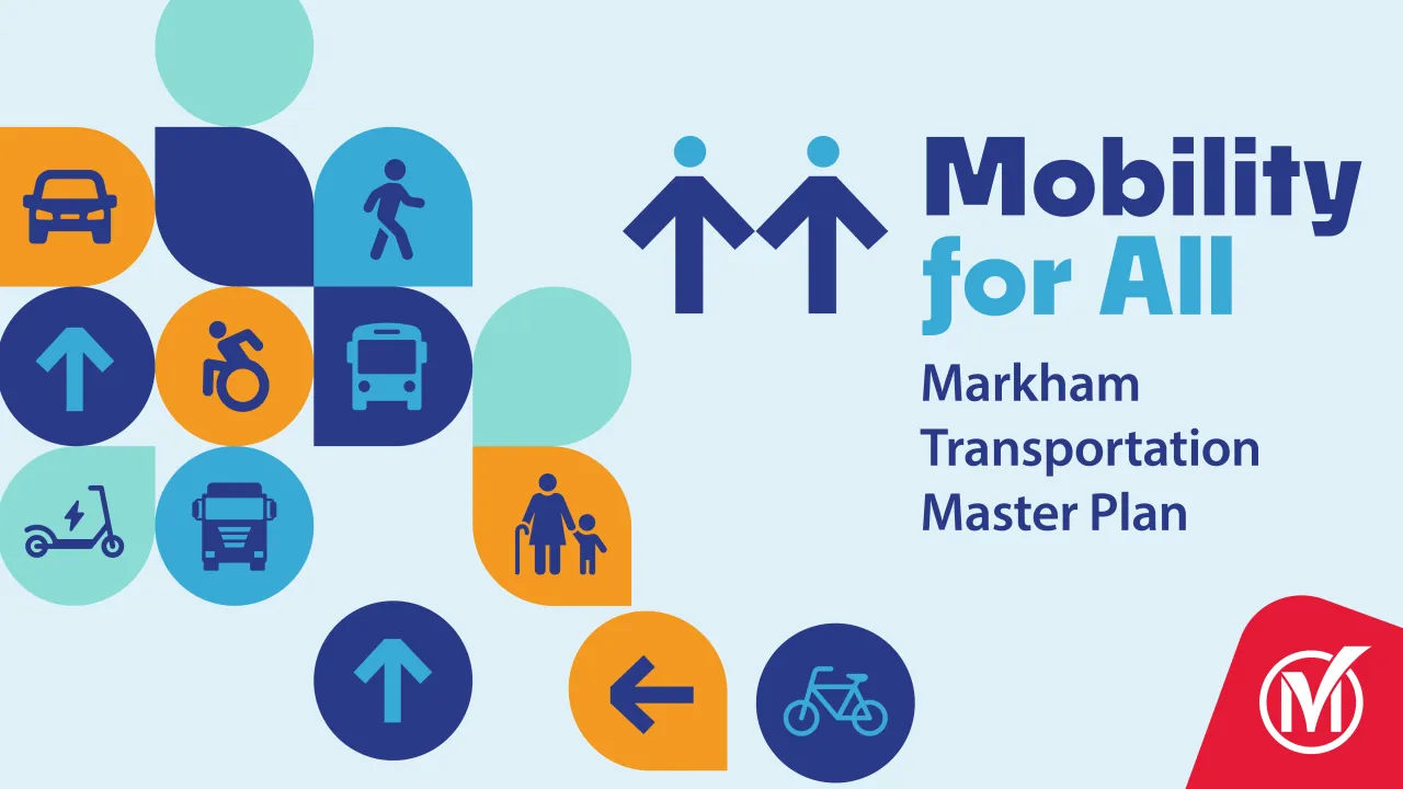 Icons of a car, pedestrian, trains, and buses. Text reads "Mobility for All Markham Transportation Master Plan"