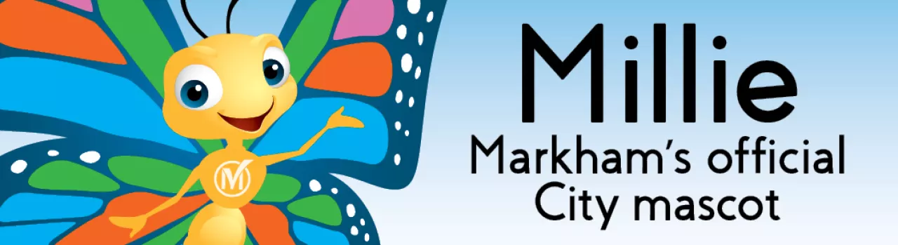 Image of Millie mascot. Text reads "Millie, Markham's official City mascot."
