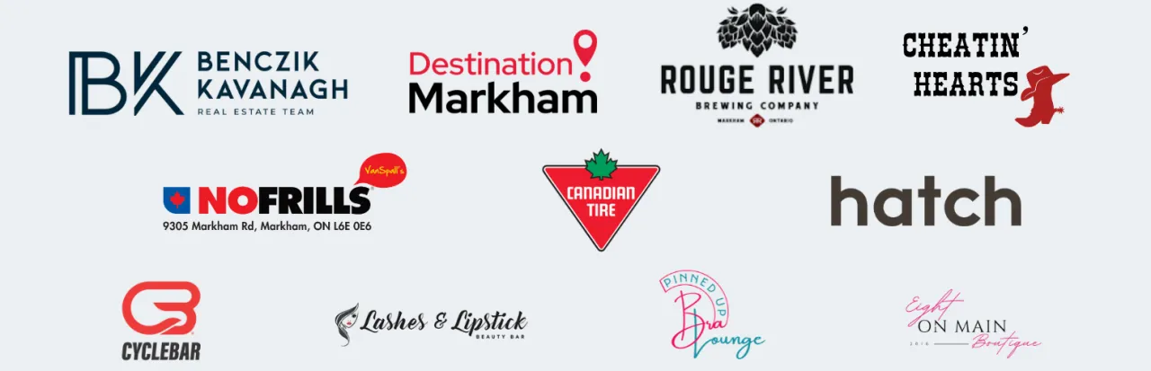 Kickin' It Country at Markham Museum on July 5th sponsors, from left to right: Benczik Kavanagh Real Estate Team, Destination Markham, Rouge River Brewing Company, Cheatin' Hearts, No Frills, Hatch, CycleBar Markham, Lipstick and Lashes, Pinned Up Bra, and Eight on Main Boutique.