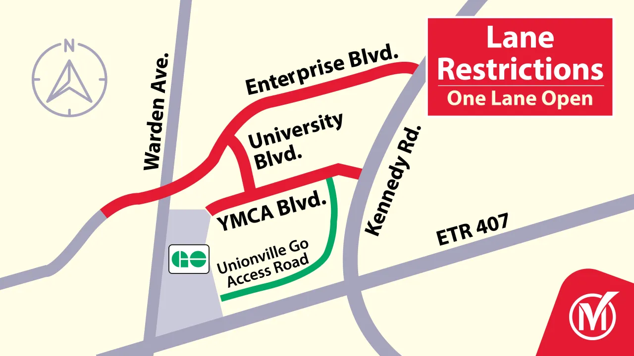 Map showing lane restrictions on Enterprise boulevard, University boulevard, and YMCA boulevard.