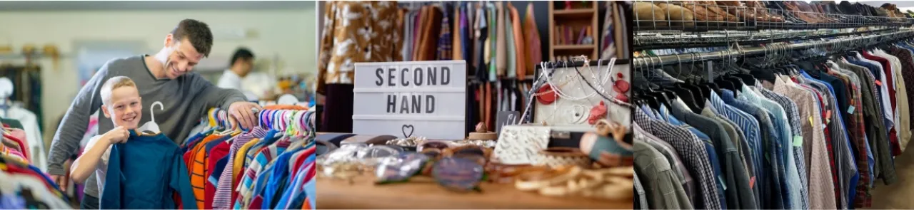 Image Carousel of Father and Son Second Hand Shopping, Second Hand Light Box on Table Display, Rack of Second Hand Button Ups in A Thrift Store