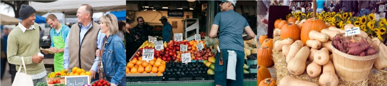 Image Carousel of Shoppers at a Farmers Market, Fruit Stand, and Pumpkin and Squash Stand