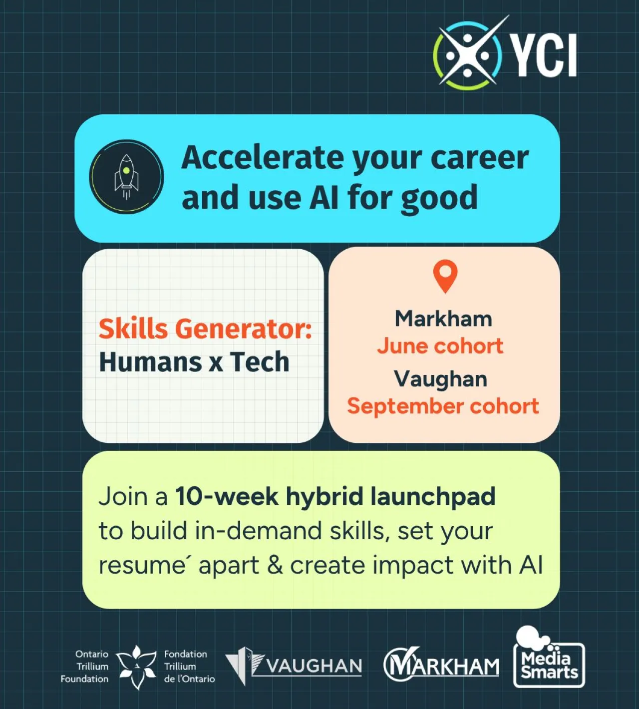 Poster for Skills Generator Human x Tech. It encourages participants from Markham and Vaughan to take part in the project to accelerate their career with using artificial intelligence for good by joining a ten week long training