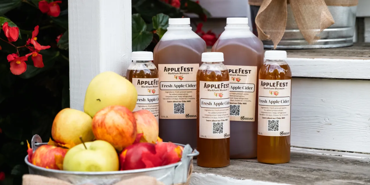 Bottled apple cider beside a bowl of apples.