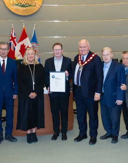 Picture of Markham CAO ANdy Taylor, Markham Council and Dr. Patricia McCarney, President and CEO of the WCCD