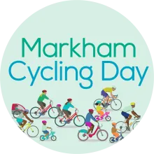 Illustration of people biking. Text reads "Markham Cycling Day"