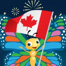 Graphic of Millie mascot holding a Canadian flag.