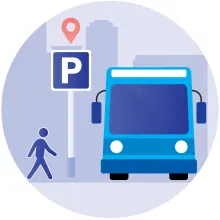 Illustration of person walking towards a bus. 