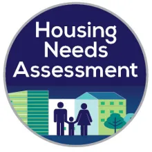 Illustrated silhouette of a three person family. Text above reads "Housing Needs Assessment"