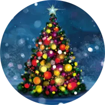 Illustration of a Christmas tree with lights on it.