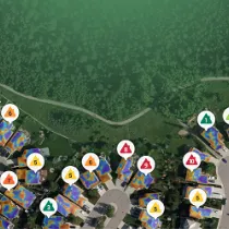 Houses in a community with heat loss rating from 1 to 9 with 1 showing low heat loss and 9 showing most heat loss