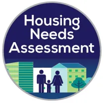 Illustrated silhouette of a three person family. Text above reads "Housing Needs Assessment"