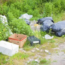 Garbage on grassy ground.