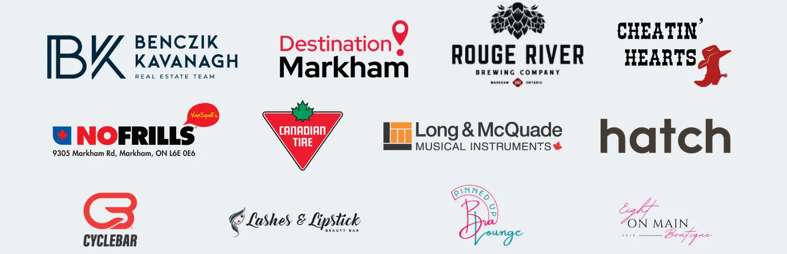 Kickin' It Country at Markham Museum on July 5th sponsors, from left to right: Benczik Kavanagh Real Estate Team, Destination Markham, Rouge River Brewing Company, Cheatin' Hearts, No Frills, Canadian Tire Markham, Long and McQuade, Hatch, CycleBar Markham, Lipstick and Lashes, Pinned Up Bra, and Eight on Main Boutique.