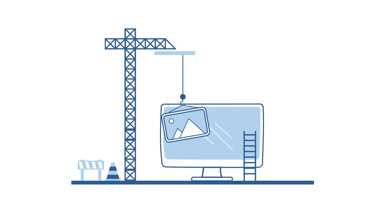 Illustration of a construction site building a computer monitor.