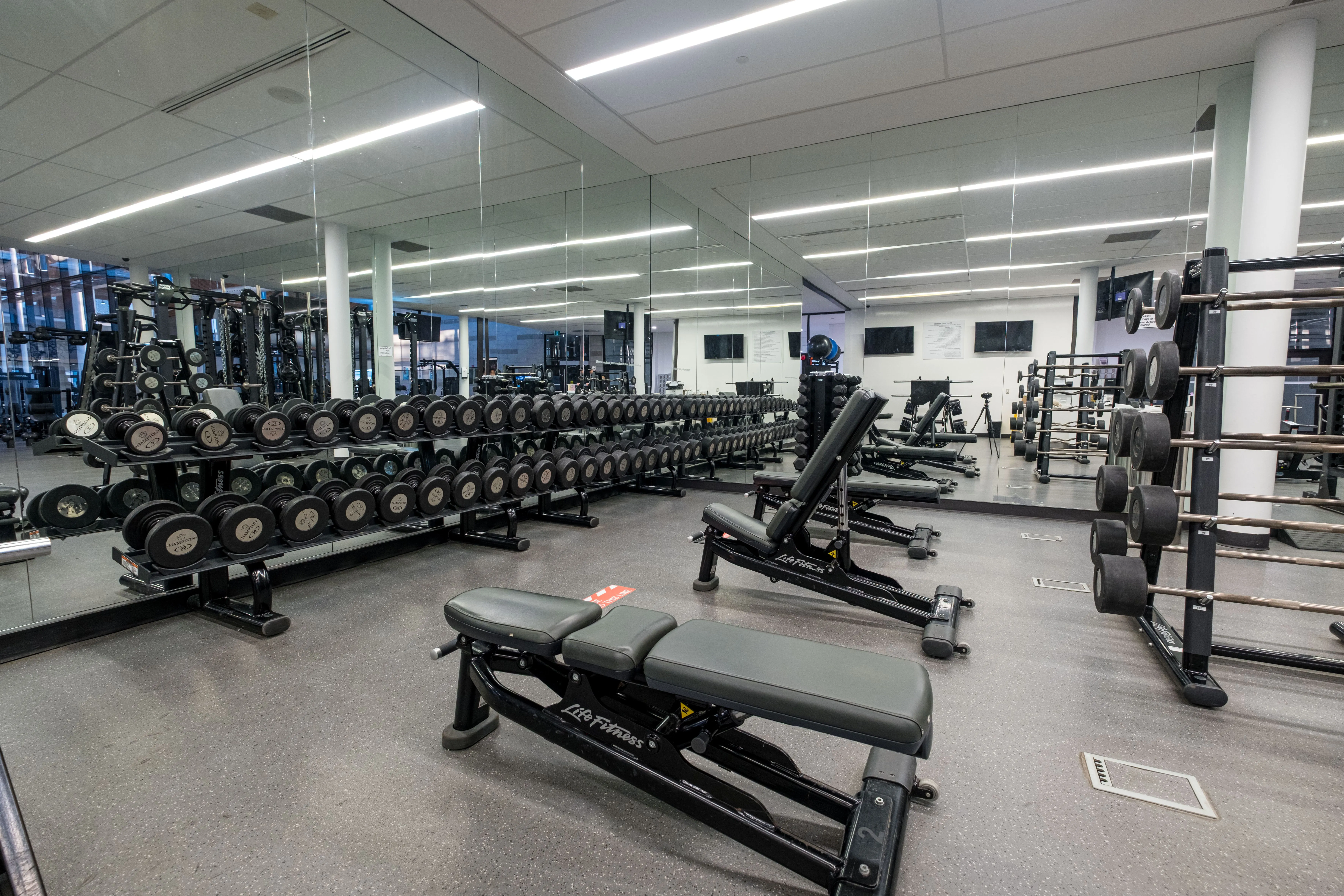 Spacious gym area with rows of dumbbells, adjustable benches, and weight racks under bright overhead lights.