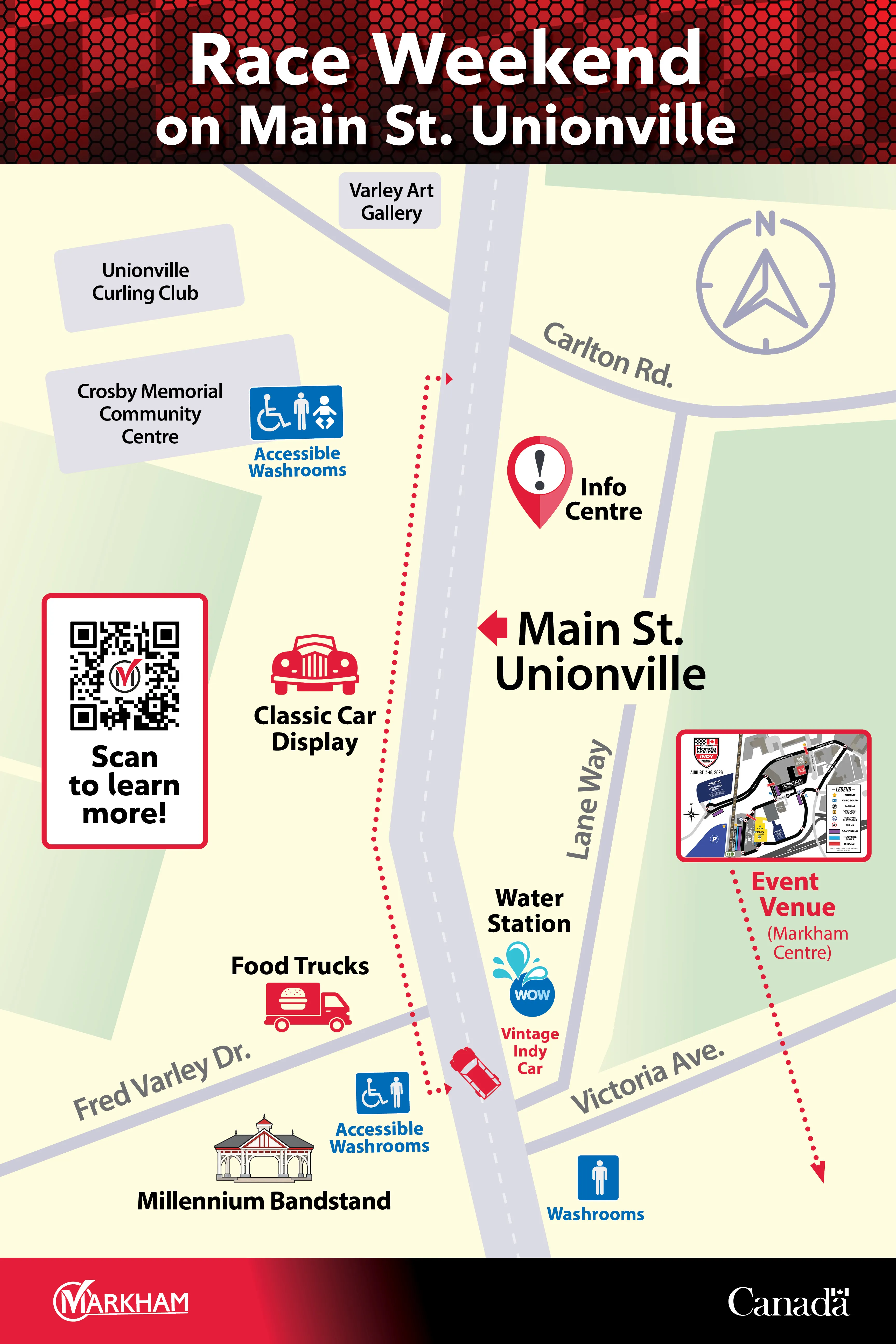 Map of Main Street Unionville during Indy Race weekend of 2026.