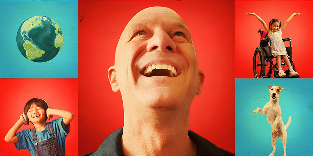 Collage featuring a large central portrait of a smiling bald person, surrounded by images of the Earth, a child wearing headphones, a child using a wheelchair with arms raised, and a dog standing on its hind legs against colorful red and blue backgrounds.