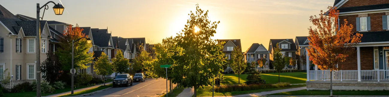 Sunset in autumn on residential community at the eastern end of Markham.
